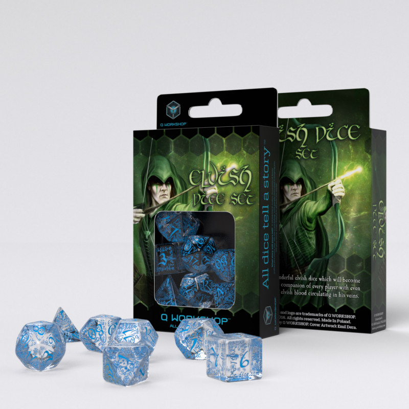 7 Piece Set Q-Workshop Elvish Dice Set Transparent/Blue 