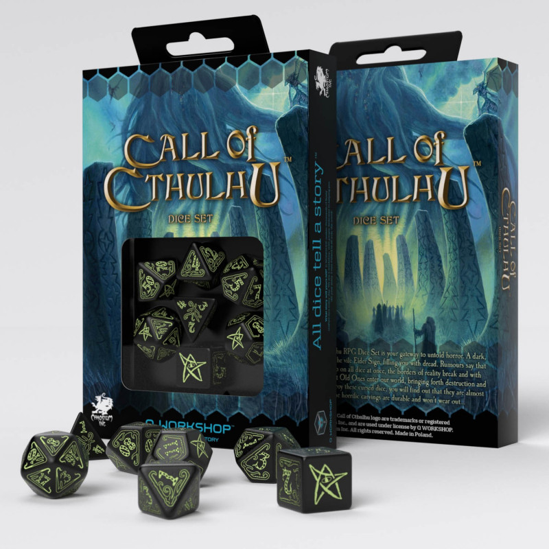 Q WORKSHOP Call Of Cthulhu 7th Edition black & green RPG Ornamented Dice Set 7 Polyhedral Pieces