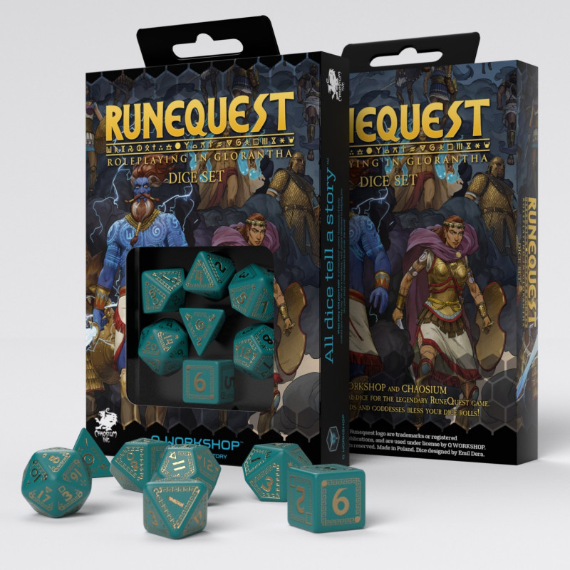 Q-Workshop QWORQU97 RuneQuest Turquoise/Gold Dice Set 7 Multi-Coloured 