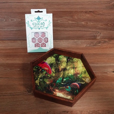 Enchanted Forest Wooden Dice Tray + Elvish Shimmering pink & White Dice Set