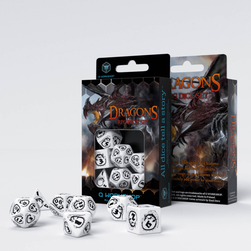 Black & White DRAGON dice set by Q-workshop for D&D RPG fantasy 